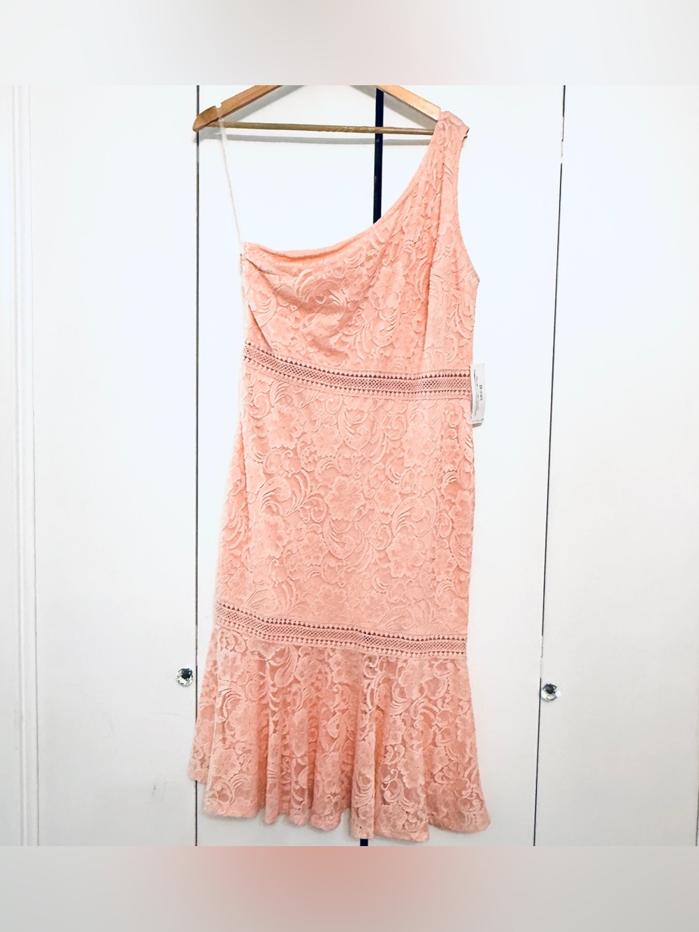 VENUS Lace One Shoulder Midi Dress XL Coral Peach Ruffle Hem Stretch - Picture 3 of 6